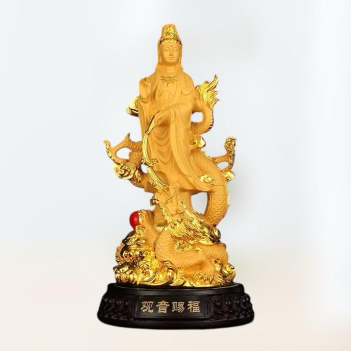 PATUNG KWAN IM EMAS DENGAN NAGA EMAS HIASAN FENGSHUI HOKI / PAJANGAN GUAN YIN DRAGON STATUE DEWI