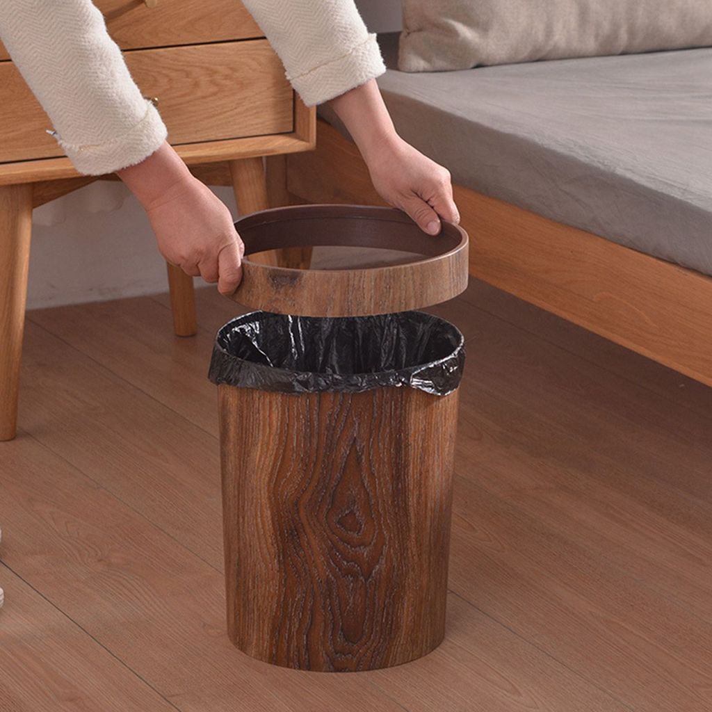 AA05 2X Retro Creative Wood Grain Trash Can Household Living Room Kitchen Trash Can