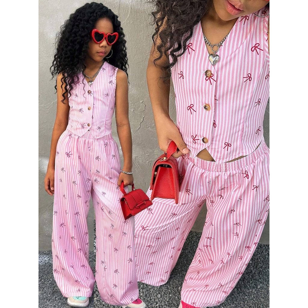 Kids Girls 2 Piece Pink Stripe Bow Print Vest & Wide Leg Pants Set Cute Preppy Style Outfit