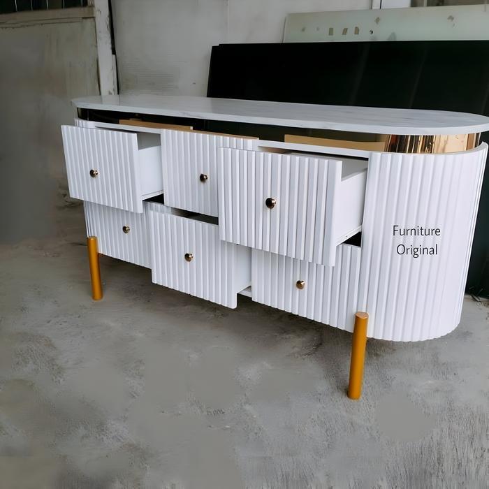 Bufet TV / Bufet Minimalis / Meja TV / Meja Minimalis Oval Kaki Hollow - Putih