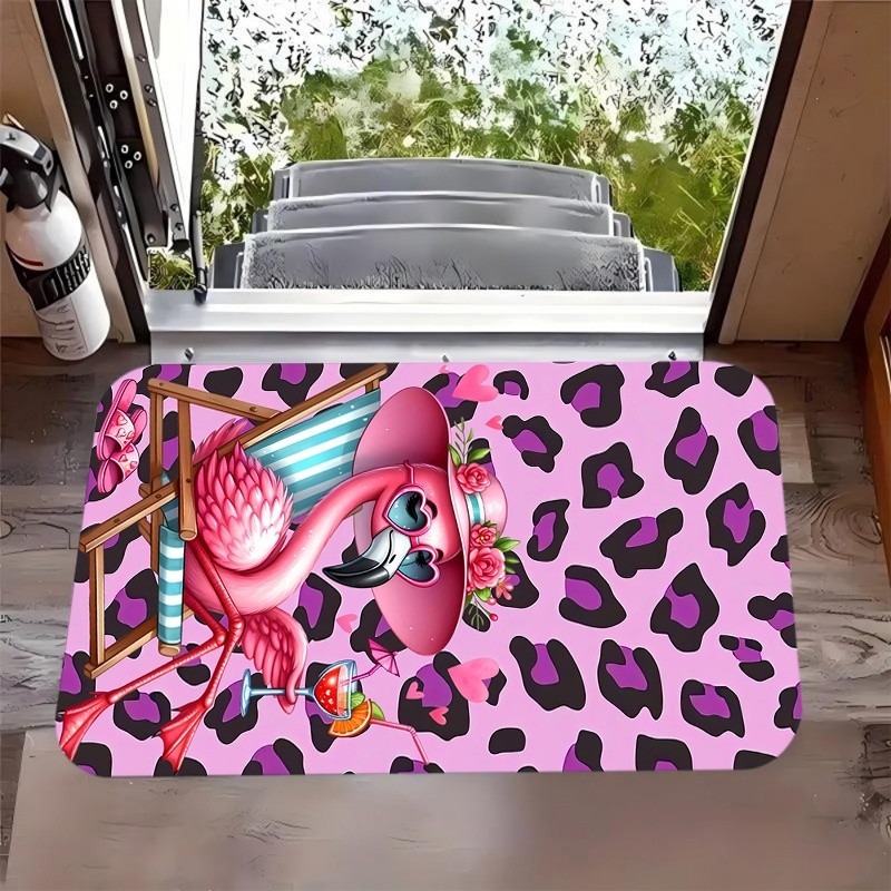 Keset Pintu Flamingo Motif Macan Tutul Merah Muda Karpet Masuk Penyerap Air Antiselip Keset Pola Tro