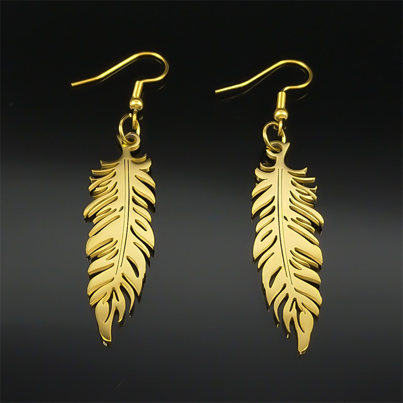 Boho Feather Pendant Earring Drops for Women Stainless Steel Gold olor Bohemia Leaf Dangle Earrings