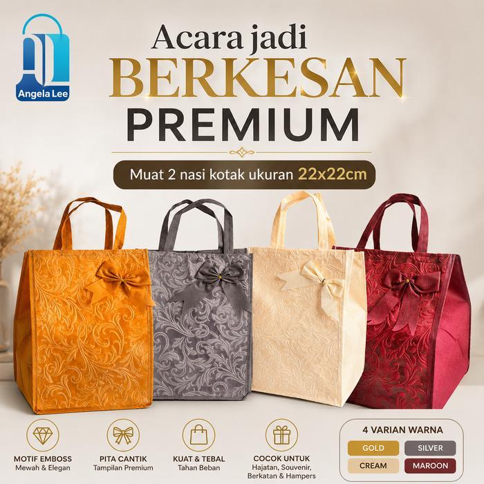 Diskon 12Pcs Tas Kain Emboss Serut Pita Motif Mewah Berkatan Hajatan 22X22Cm Souvenir Acara Parcel