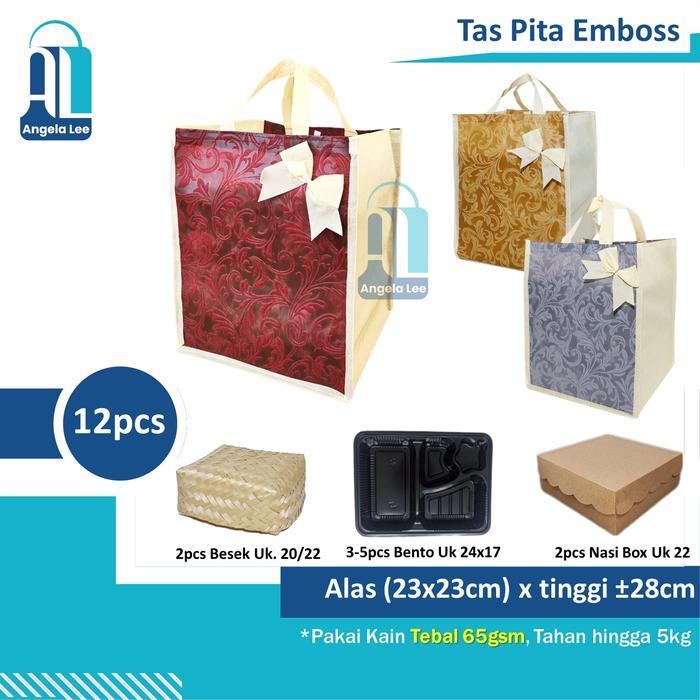 Promo 12Pcs Tas Kain Emboss Serut Pita Motif Mewah Berkatan Hajatan 22X22Cm Souvenir Acara Parcel