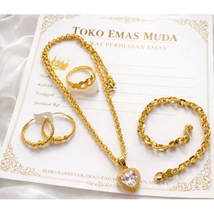 Set Perhiasan Wanita Lengkap Kalung Liontin Permata Love Perhiasan Premium Elegan Lapisan Emas Muda
