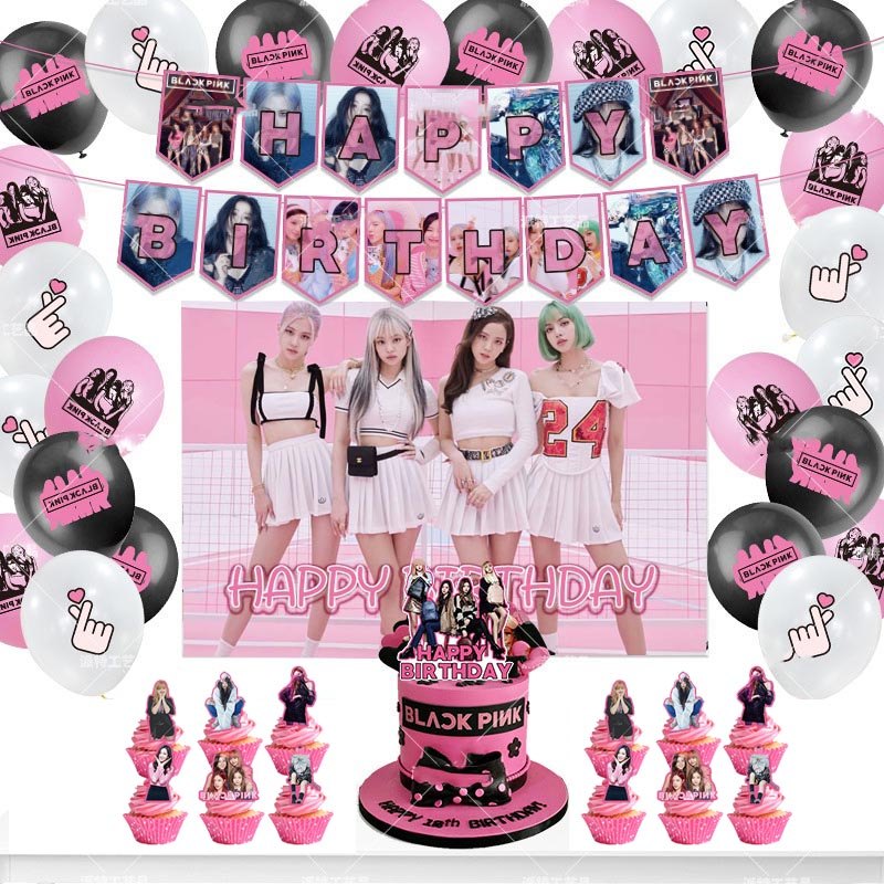 Black& Pink Birthday Party Supplies Gift Idea Customized Korean Girl Group Cake Topper Balloon Backd