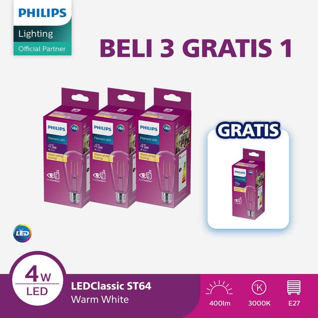 Paket Philips 3 Free 1 Lampu Bohlam Philips Filament LED Classic 4w ST64 E27 Kuning