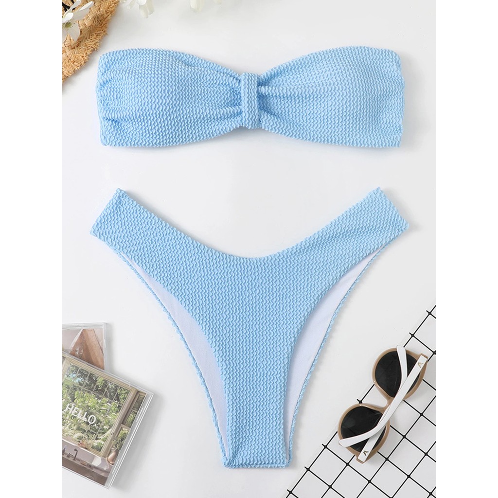 2024 New Sexy Ribbed Bandeau Bikini Brazilian Swimwear Women Swimsuit Female Thong Bikini Set Two