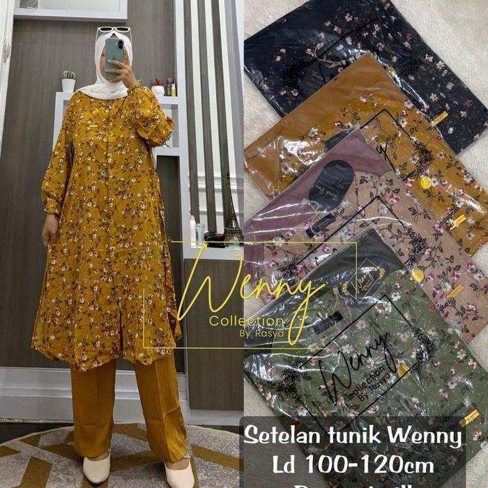 olfc- Setelan Tunik Motif Salur Terbaru Bahan Rayon Twill Jumbo Ld 120 Setlong Tunik Wenny