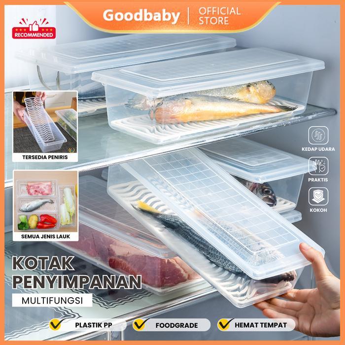 Goodbaby Tempat Penyimpanan Makanan Kulkas Transparan Rak Saringan Anti Air Wadah Buah Sayur Daging