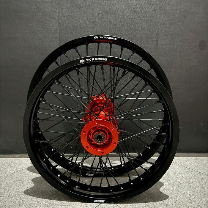 VELG SET KLX 18 / 21 TROMOL CNC VELG TK RACING - Merah, chrome