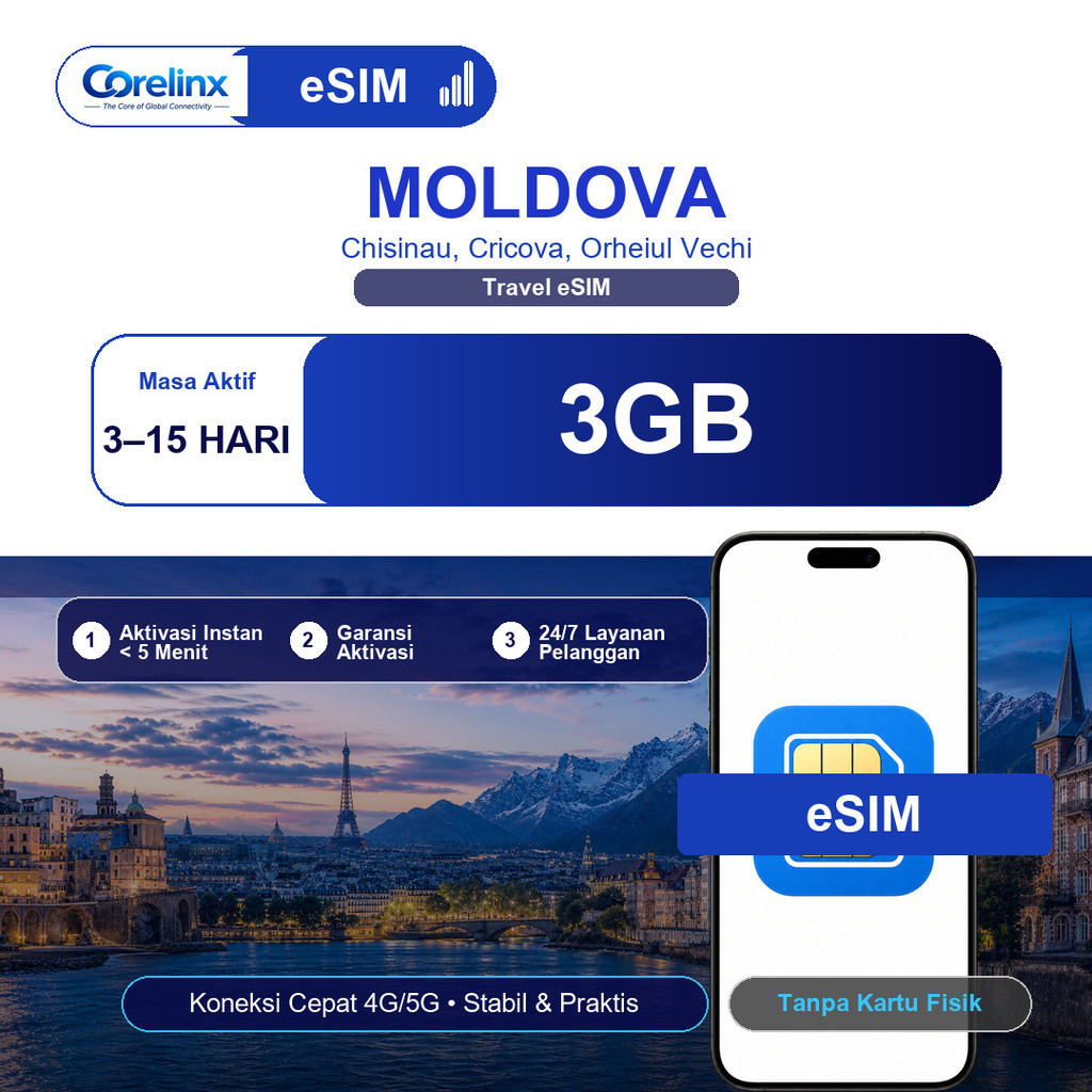 eSIM Moldova 3GB 3-15 Hari Travel eSIM Data Internet Roaming 4G/5G QR Instan Langsung Aktif Corelinx