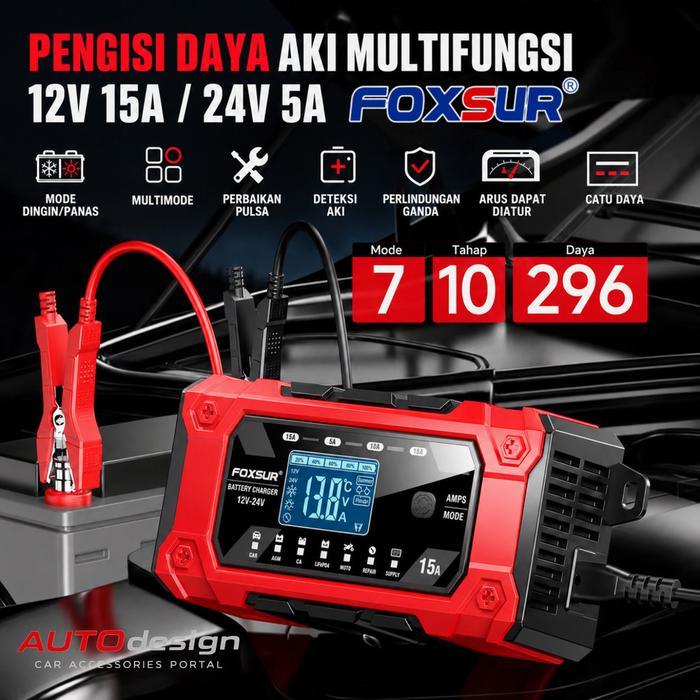 Foxsur Smart Charger Aki Mobil Motor Multifungsi 10 Tahap 12V 15A / 24V 5A Repair Agm Gel Lifepo4