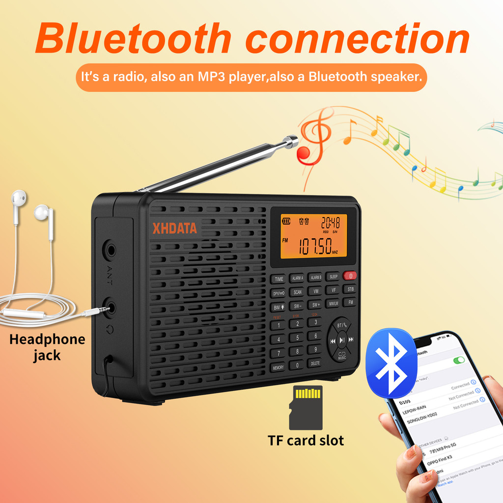 XHDATA D-109 Stereo Digital Portable Radio AM SW MW FM Radio Bluetooth Compatible Multifunctional