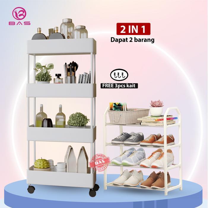 Ikea - Bas Combo 2 In 1 (Cod) Square Rak Susun 4 Tingkat Dengan Roda + Rak Sepatu 4 Layer