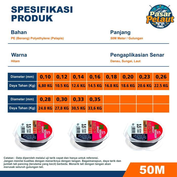 Pasarpelaut Tali Pancing Pe Sensor Bright Hitam Neo+Jepang Senar Pancing 50M Super Kuat Benang Pe
