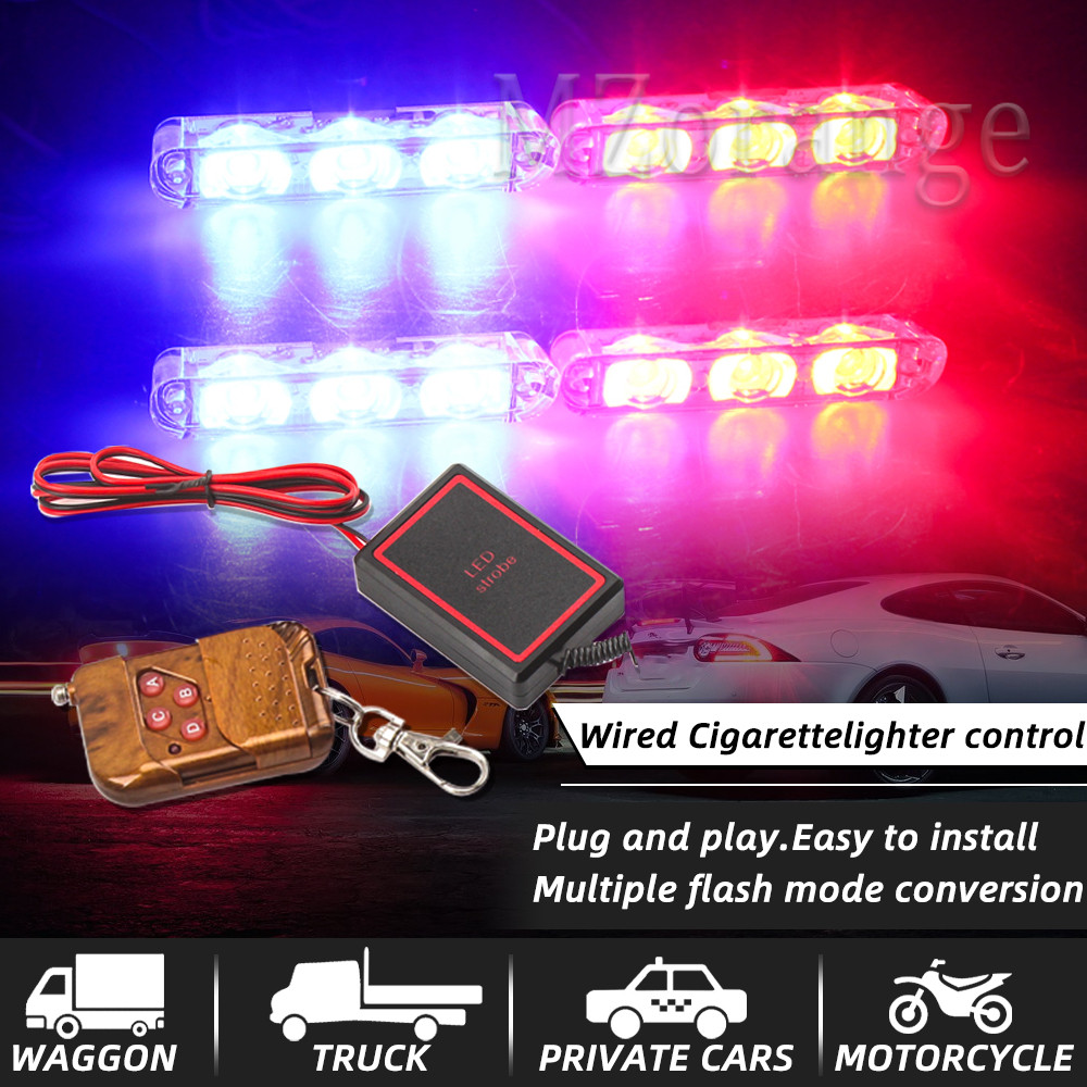 4*3 Led Police Lights For Car FSO Strobe Light Wireless Remote Ambulance 12V Warning Emergency Flash