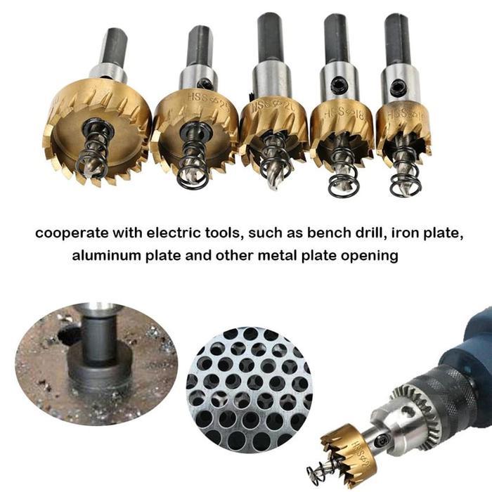 kencana Set Mata Bor Gergaji Lubang Berlapis Titanium HSS 5 pcs Mata Bor Gergaji Lubang Paduan Logam