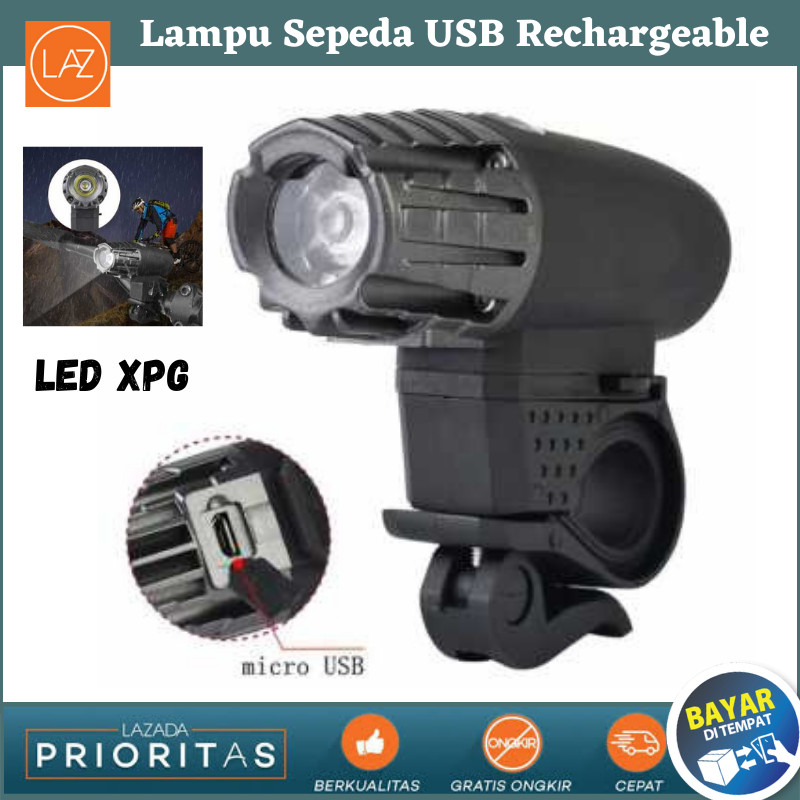Lampu PROMO Sepeda Waterproof USB Rechargeable LED XPG Black / Lampu LED Depan Sepeda MTB Gunung Ont