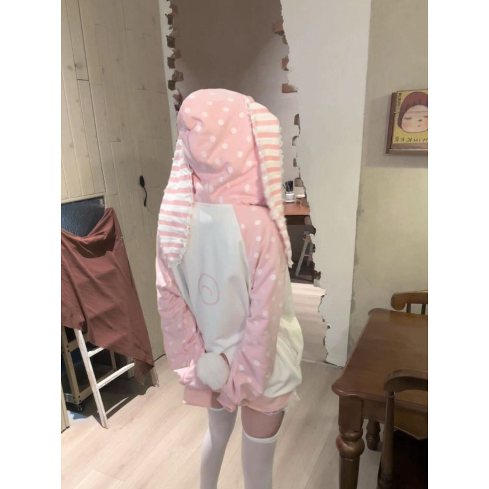 Japanese Kawaii Rabbit Ears Hoodies Tops Women Design Loose Dot Lace Patchwork Cute Coat Harajuku