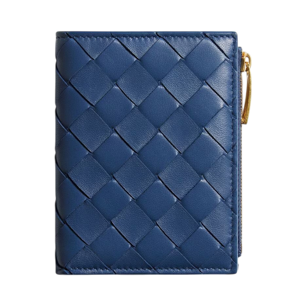 Small Intrecciato Bifold Zip Wallet Blue Venezia