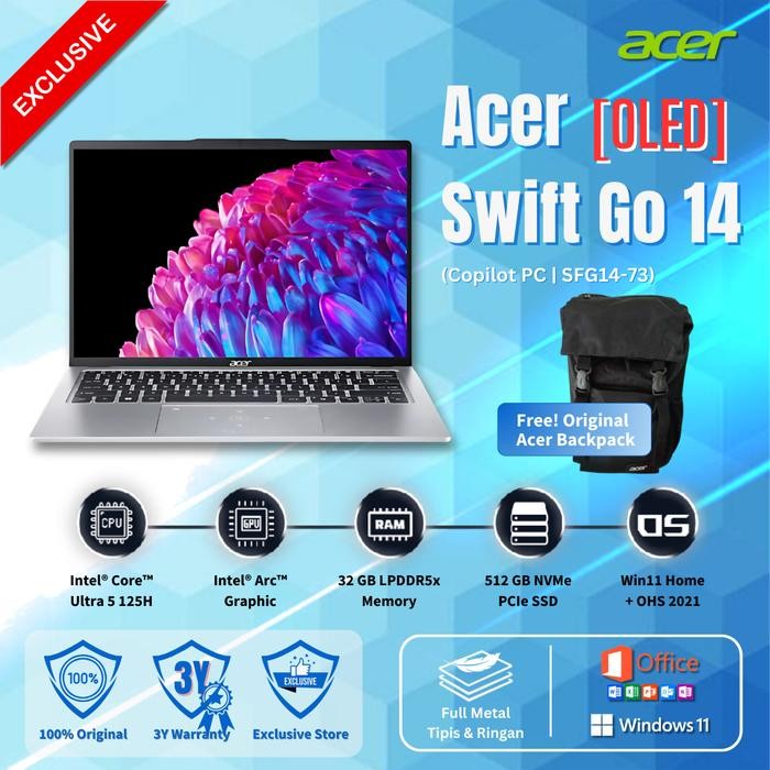 Acer Swift Go 14 AI OLED - Ultra 5 125H 32GB 512GB W11+OHS | 14" 2.8K OLED - SFG14-73-56A7 - Silver.