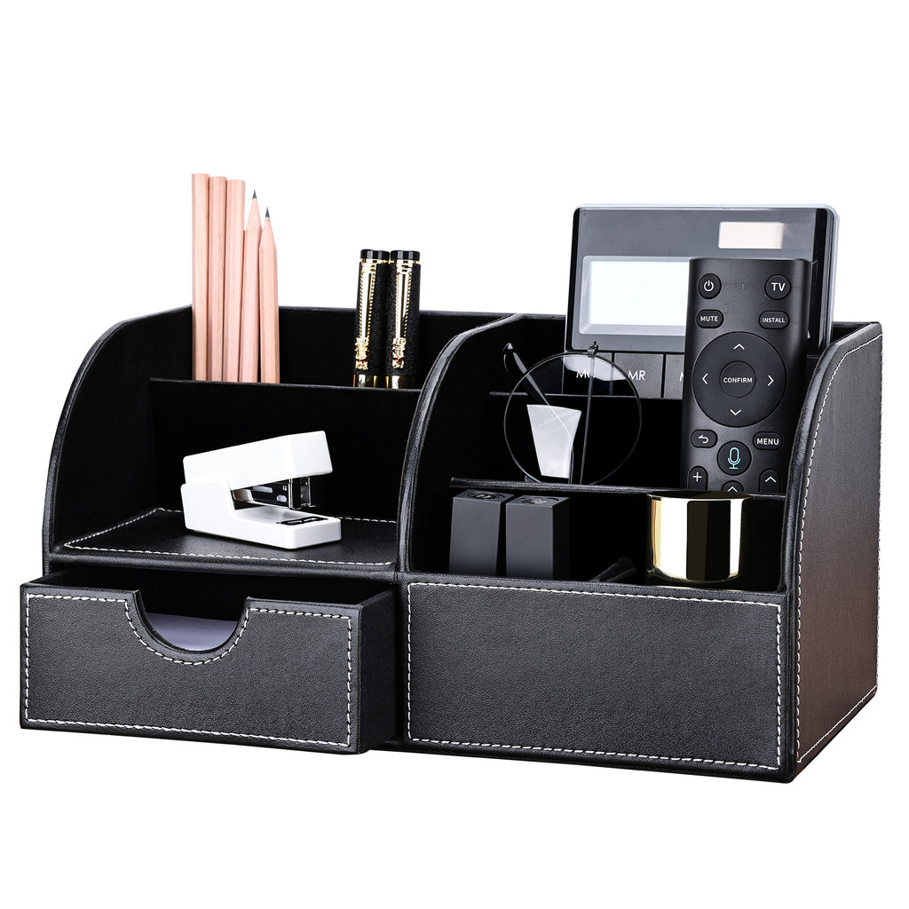 Large Storage Boxes PU Leather Pen Pot Pencil Holder with Drawer Wooden Office Stationery Desk Organ