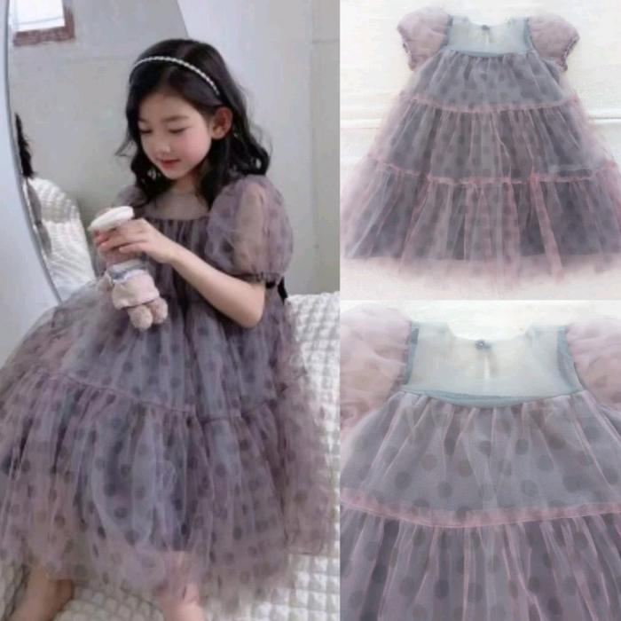 Dress Abu Anak 4-9Th Gaun Pesta Tile Polkadot Import Mewah