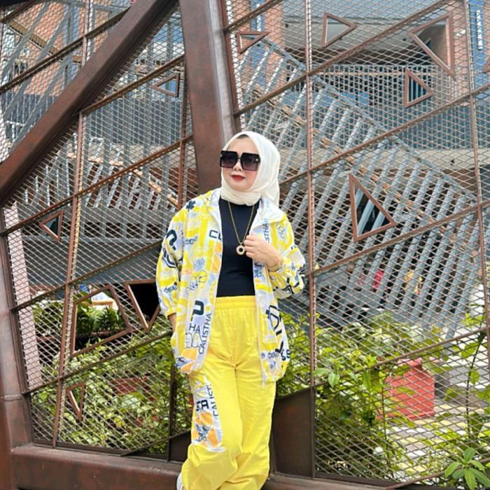 olfc- Set Olga Queenari By Calistha Wanita Muslim Katun Printing Setelan Celana