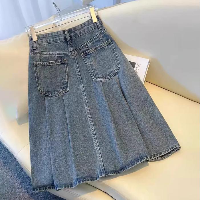elsi- Jeans Rok Wanita Rok Bawahan Wanita Denim Jeans Lipit Pendek Korea Rok Plisket Jeans