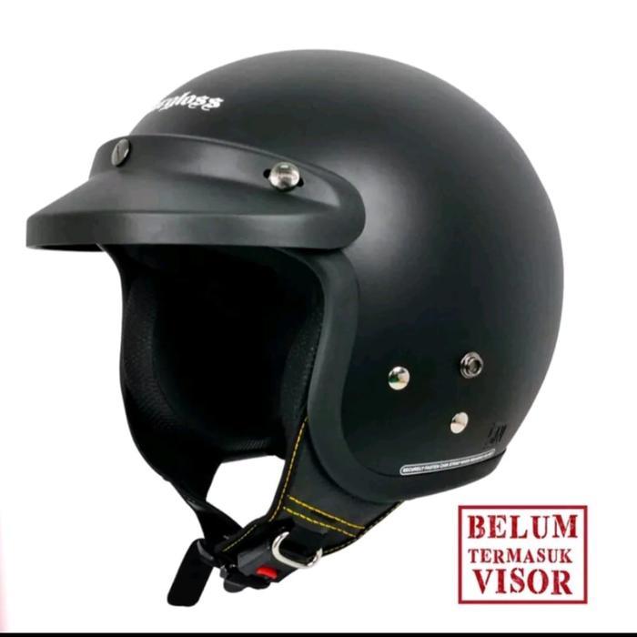 Helm Carglos Bogo Retro Cream full leher pria wanita kaca datar injak hitam atau bening - Hitam Dop,