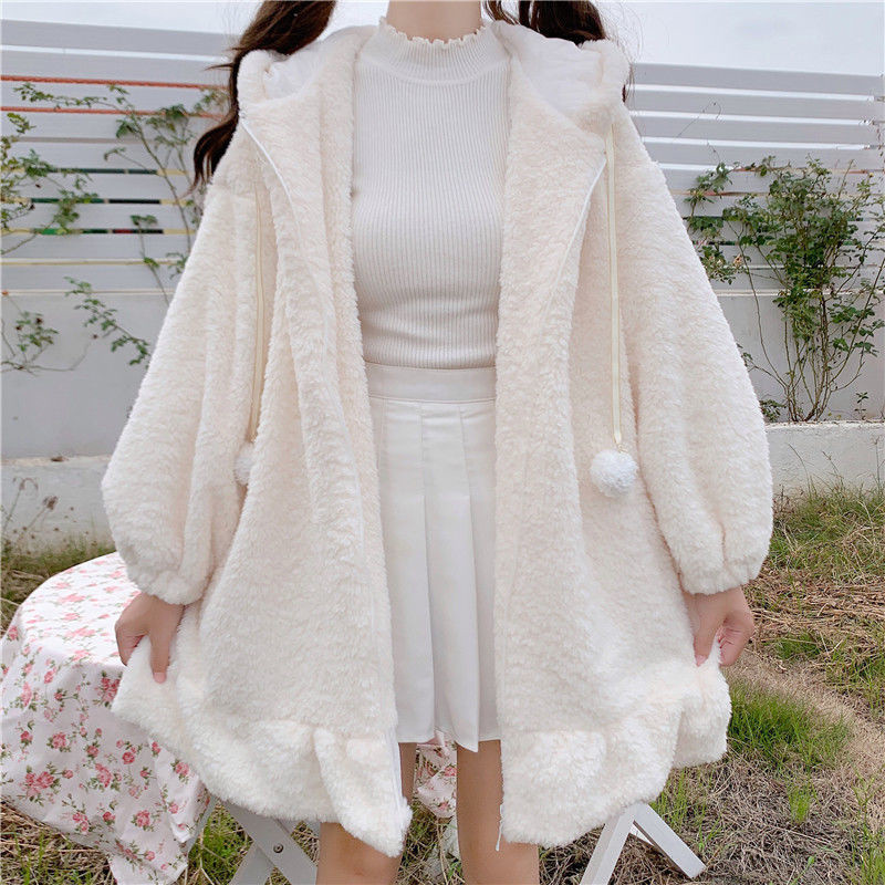 Autumn Winter Women Harajuku Kawaii Rabbit Ear Hooded Sweatshirt Loose Long Ruffle Hem Fleece Hoodie