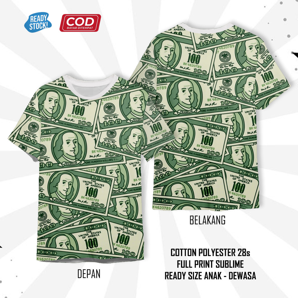 Kaos 3D Fullprint Pattern Uang Dollar Amerika USD Motif 1 Casual Printing Distro Unisex Anak Dewasa 