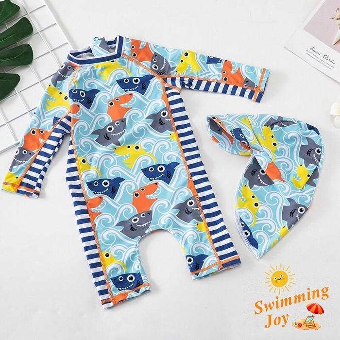 Original Baju Renang Anak Laki-Laki Premium UPF 50+ Topi Baby Swimsuit Sharks