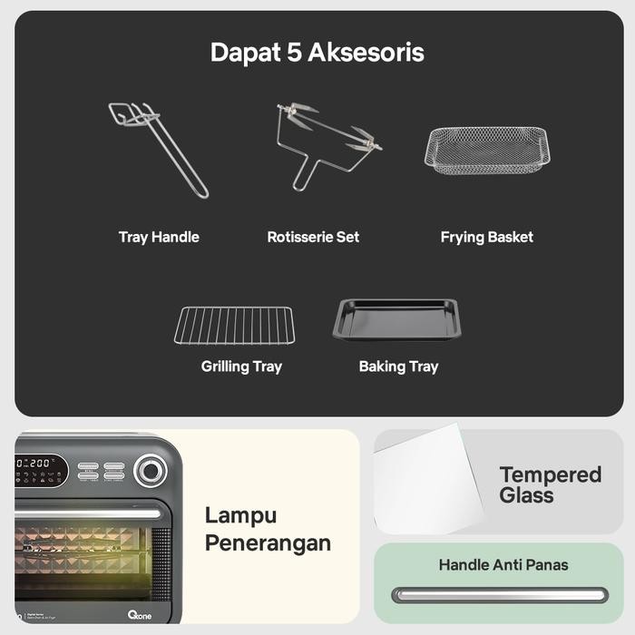 Oxone OX276 Digital Minion Series Retro Oven & Air Fryer - 16L Kapasitas, 360 C Halogen Heating