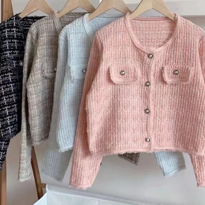 Kardigan Rajut Wanita Kotak Kecil Model 285 Lengan Panjang - Knitwear, Lembut, Outer, Kancing, Baju,