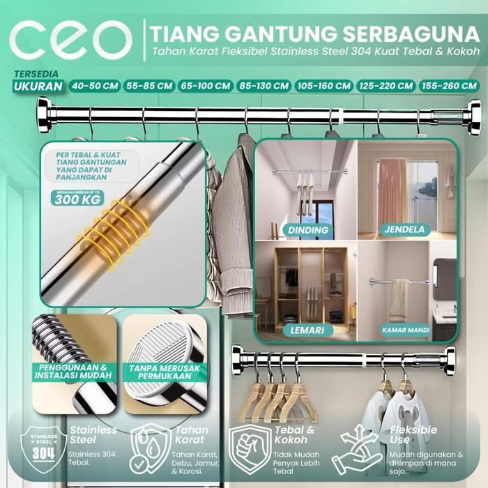 CEO Tongkat Gantungan Pakaian Tiang Gorden Tiang Serbaguna Teleskopik Stainless Steel Tiang