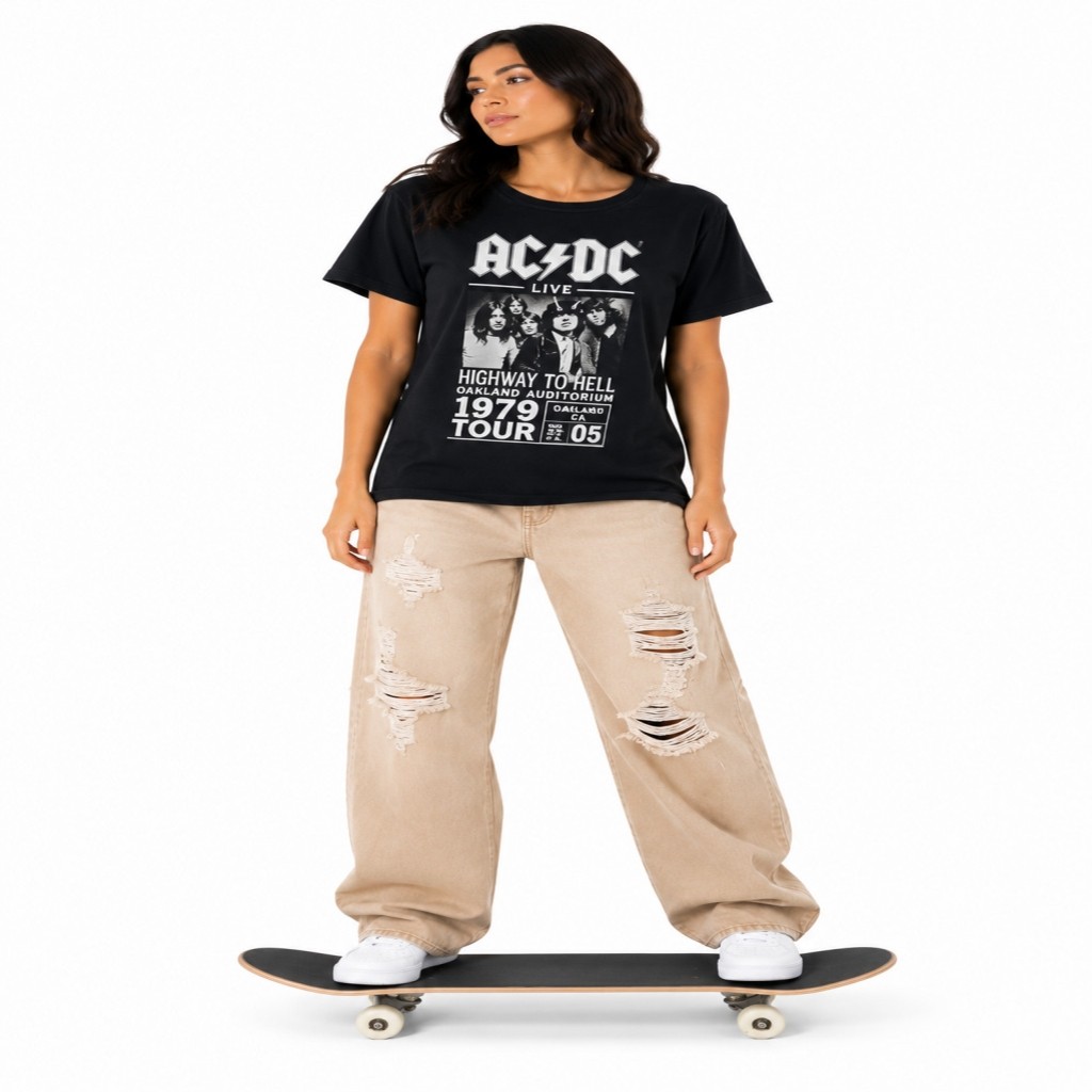 Kaos Oversize Kasual Hitam AC/DC Tur 1979 Rock, Original Murah