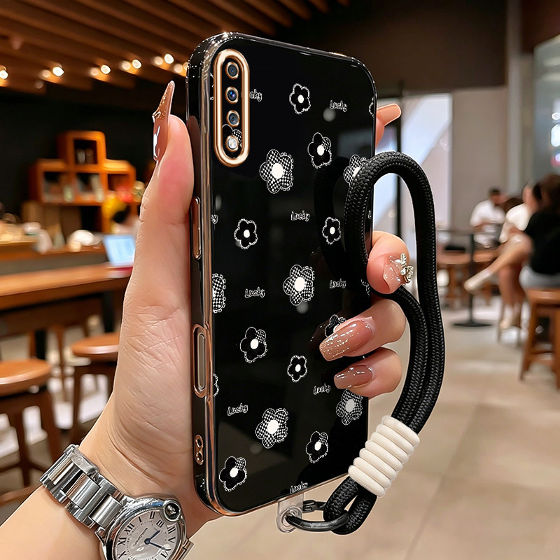Casing HP Untuk Samsung Galaxy A70 Case Bunga kotak-kotak hitam Kasing silikon Cesing Gold Frame Kes