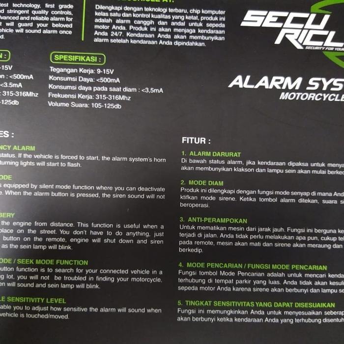 Alarm Nine 9 Luminos + Remote Secure Ricle + Baterai Cadangan