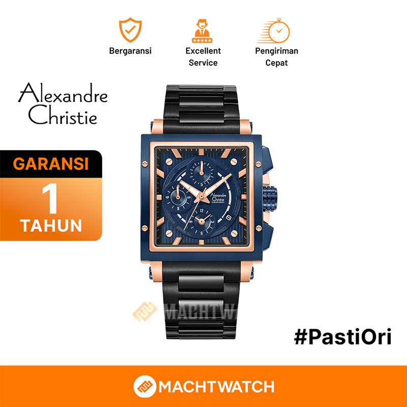 Jam Tangan Pria Alexandre Christie Chronograph AC 6182 GC BURBUBA Men Blue Dial Black Stainless Stee
