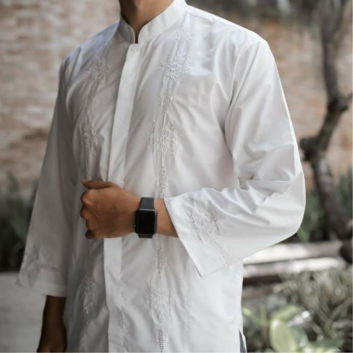 Zaja - Baju Koko Kerancang Padang Lengan Panjang Atasan Muslim Pria Dewasa Baju Koko Putih Bordir