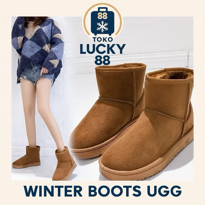 Limited Sepatu Boots Ugg Winter Import Suede Bulu Fur Musim Dingin Shoes Wanita Kerja Black