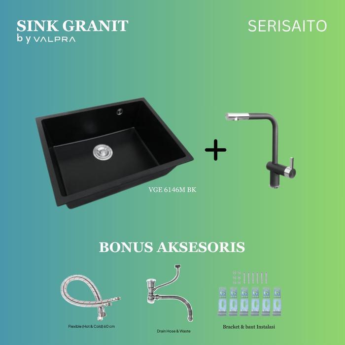 Kitchen Sink Granit Undermount Valpra / Tempat Bak Cuci Piring Hitam Abu + Keran / Kran Air Granite 