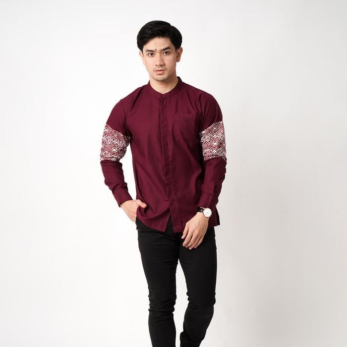 D GAWAN Lengan Panjang Kemeja Lengan Panjang Batik Tora Series Denim Katun Pria Casual - Maroon, S P