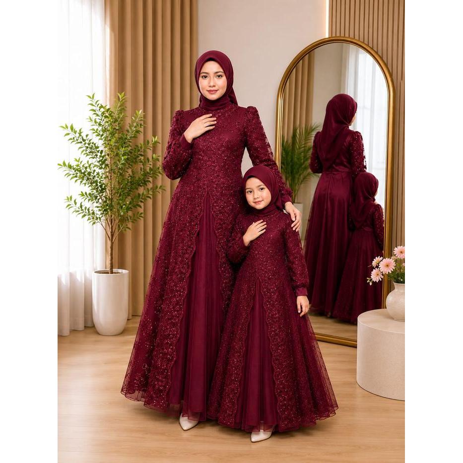 Promo Gamis Muslim Ibu & Anak Couple Brokat Elegan Untuk Pesta Kondangan Lebaran Pengajian Model