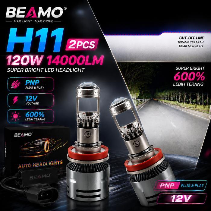 PREMIUM BEAMO H11 LED Projector Headlight Super Bright, Lampu Mobil Fokus & Terang, Sorot Lebih Jauh