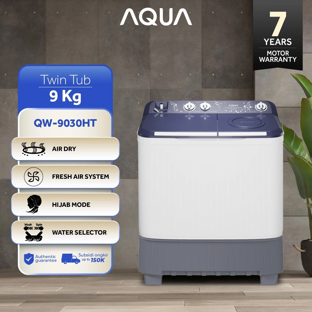 AQUA Mesin Cuci 2 Tabung Low Watt - Twintub 9 Kg - QW-9030HT AQUA-MESIN CUCI TWIN TUBE 9 KG QW-9030H