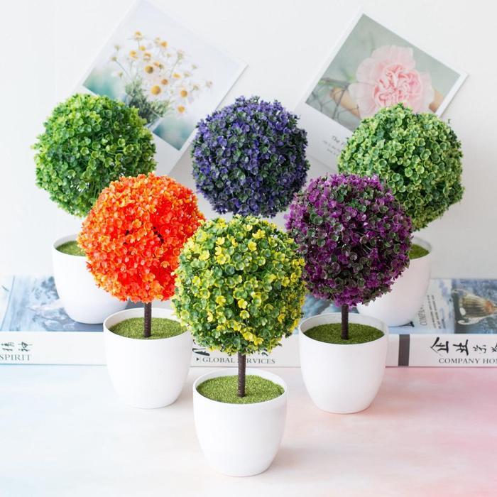 Bunga plastik Hias Bonsai Bulat Pajangan bunga Tanaman Artifisial Sudah Termasuk Pot