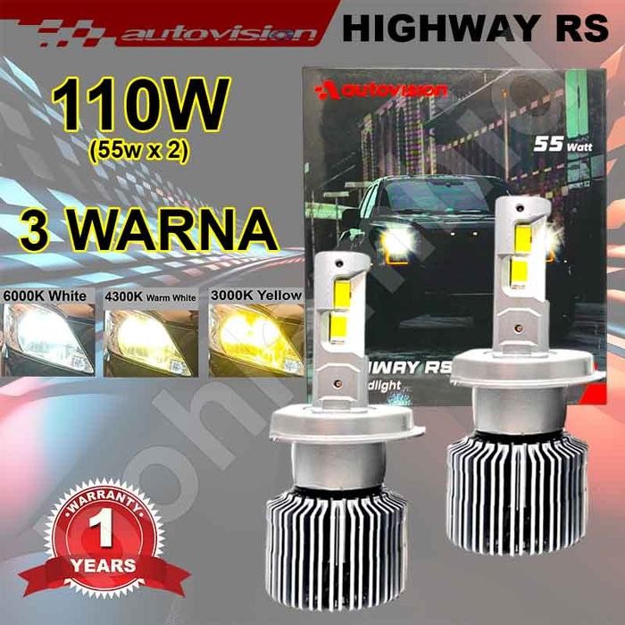 Ready LED Mobil H4 H11 3Warna Autovision Highway RS 55Watt 6000K 4300K 3000K